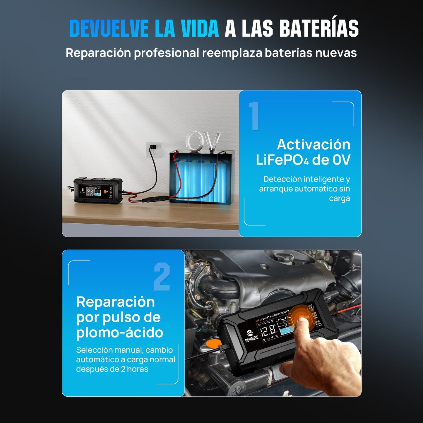 Cargador Inteligente de Batería de Litio 12V 5A (CA a CC) para LiFePO4 y Plomo-Ácido