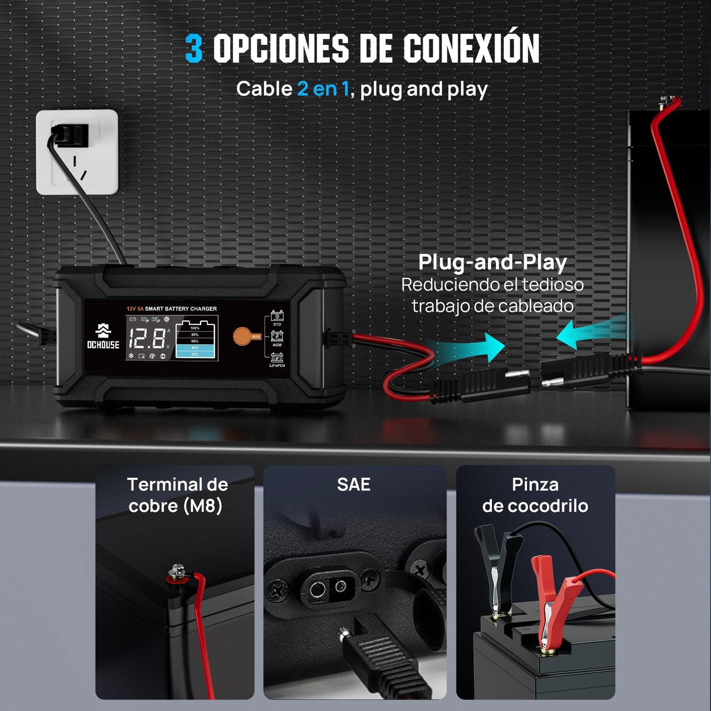 Cargador Inteligente de Batería de Litio 12V 5A (CA a CC) para LiFePO4 y Plomo-Ácido