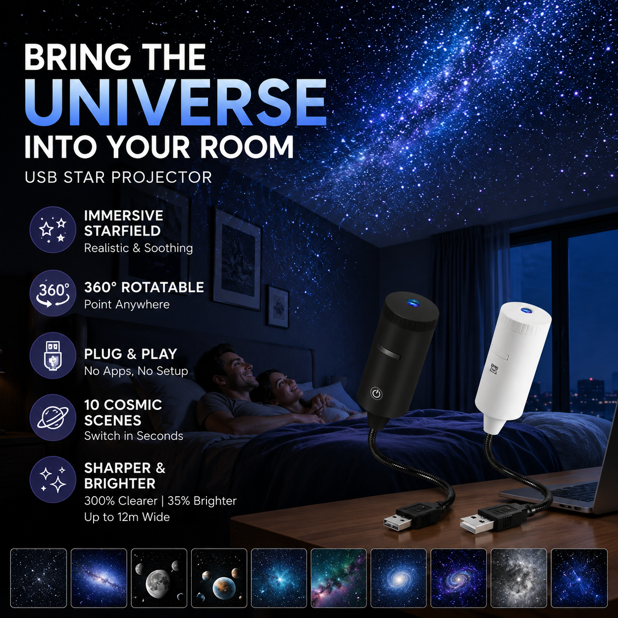 ✨ Zamień swój pokój w galaktykę – Projektor gwiazd HD plug‑and‑play z 10 kosmicznymi slajdami – Za pobraniem 🌌