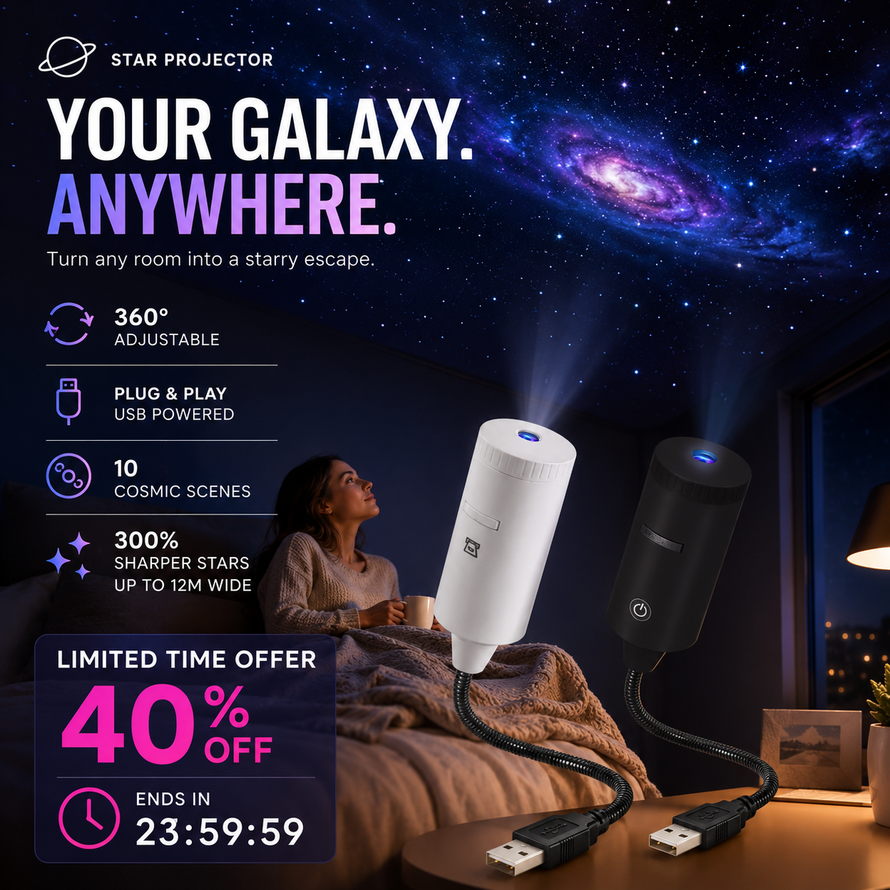✨ Zamień swój pokój w galaktykę – Projektor gwiazd HD plug‑and‑play z 10 kosmicznymi slajdami – Za pobraniem 🌌